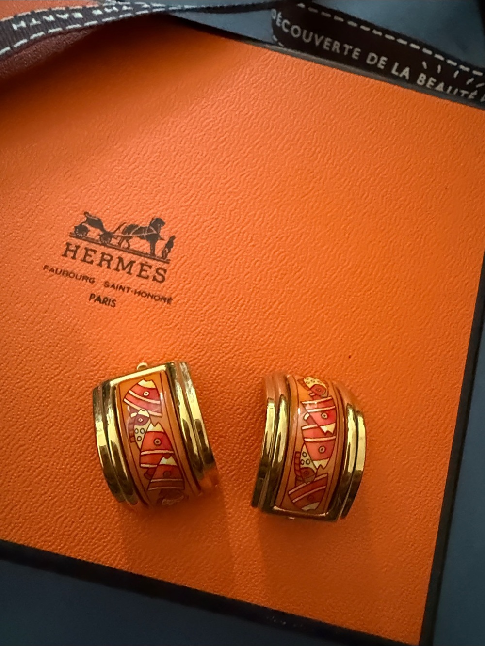 Hermes Gold and Orange Enamel and Metal Clip-on Earrings - Picture 6 of 8